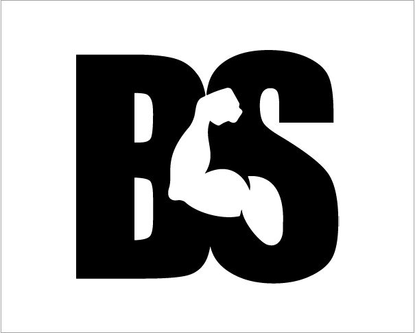 A black and white image of the letter b with a flexing arm.