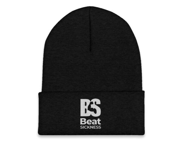 A black beanie with the word " beat sickness ".