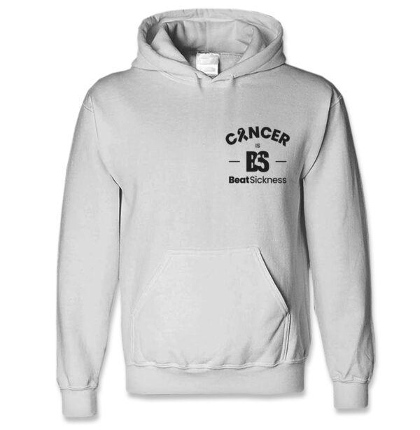 A white hoodie with cancer is shown.