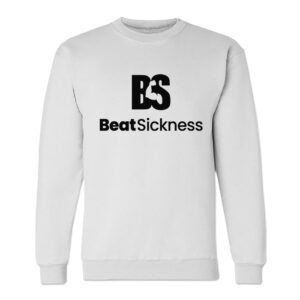 A white sweatshirt with the words " beatsickness ".