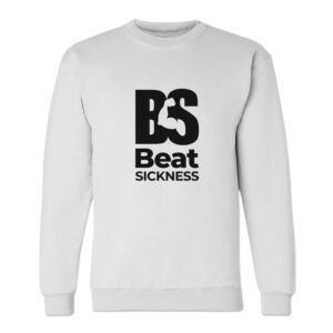 A white sweatshirt with the words " beat sickness ".