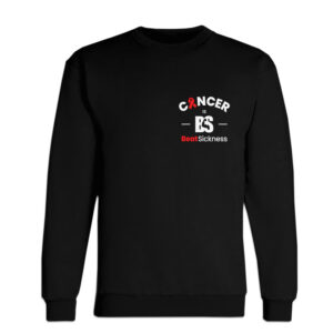 A black sweatshirt with the word cancer and an s on it.