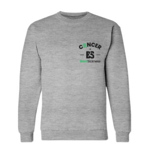 A gray sweatshirt with the word cancer and es on it.