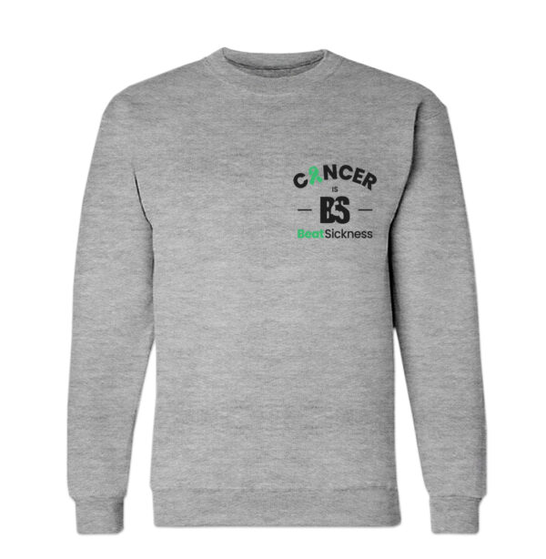 A gray sweatshirt with the word cancer and es on it.