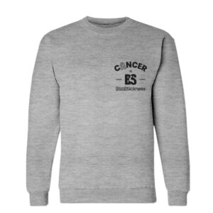 A gray sweatshirt with cancer awareness on the front.