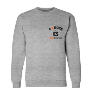A gray sweatshirt with an orange and black cancer awareness logo.