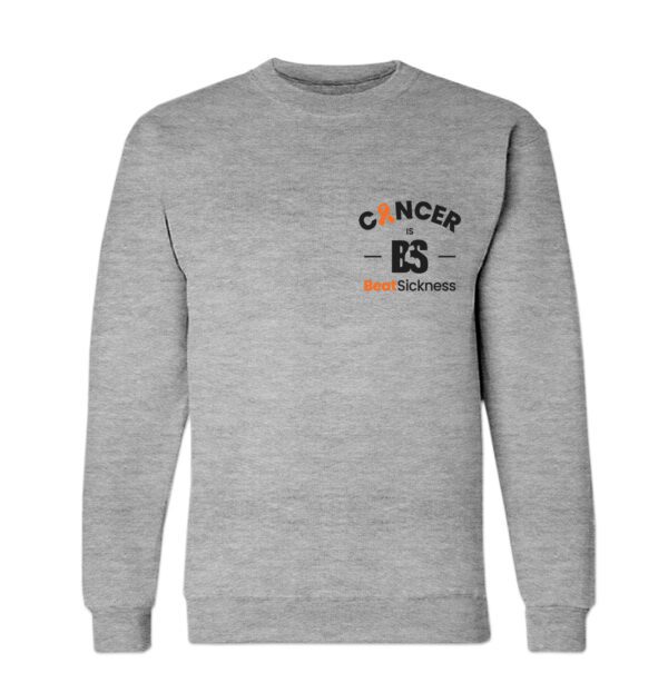 A gray sweatshirt with an orange and black cancer awareness logo.