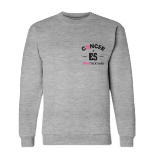 A gray sweatshirt with cancer awareness on the front.
