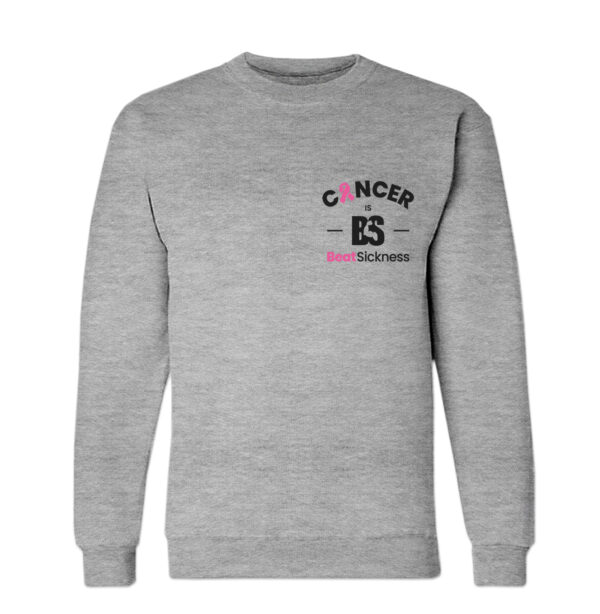 A gray sweatshirt with cancer awareness on the front.