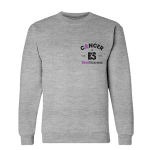 A gray sweatshirt with the word cancer and es on it.