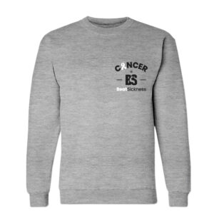A gray sweatshirt with cancer awareness on the front.
