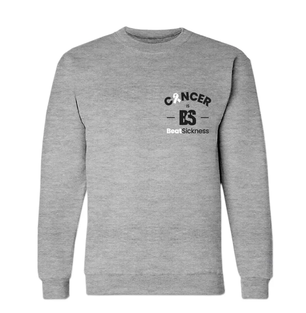 A gray sweatshirt with cancer awareness on the front.