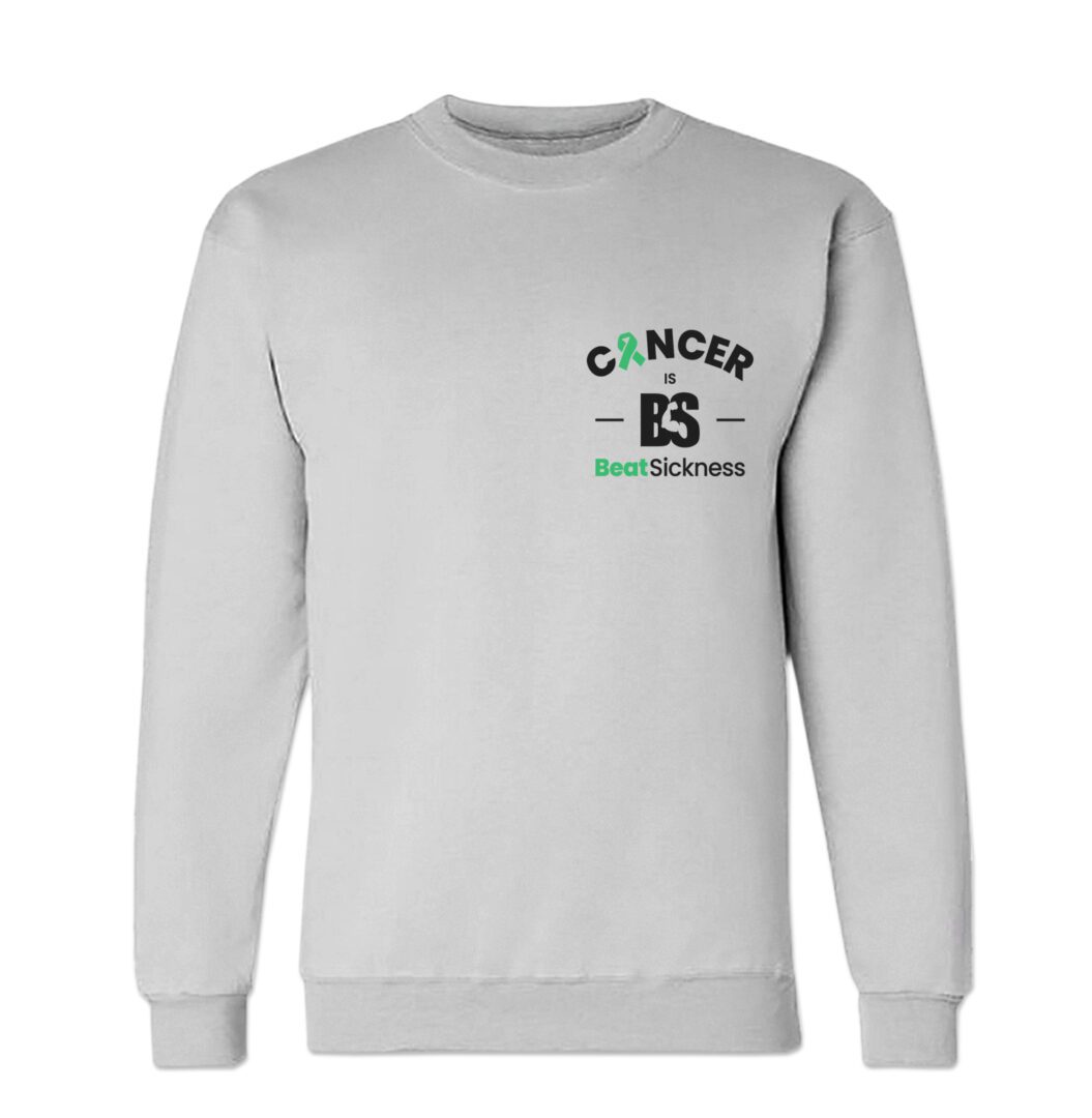 A white sweatshirt with the word cancer and an es on it.