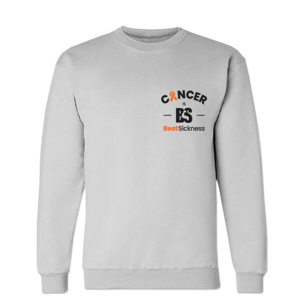 A white sweatshirt with the word cancer and an orange and black logo.