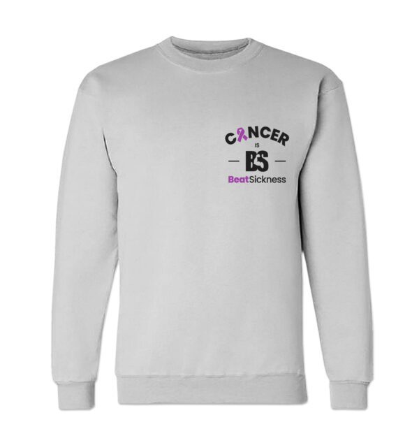 A white sweatshirt with cancer awareness on the front.