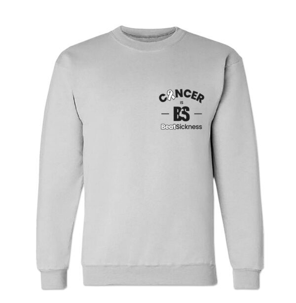 A light gray sweatshirt with the word cancer on it.