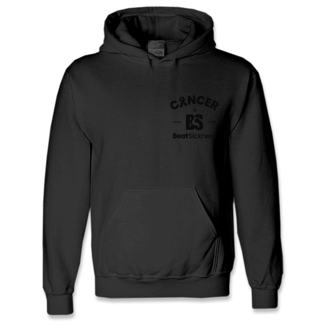 A black hoodie with the words cancer is written on it.