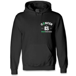 A black hooded sweatshirt with the word cancer and an es on it.