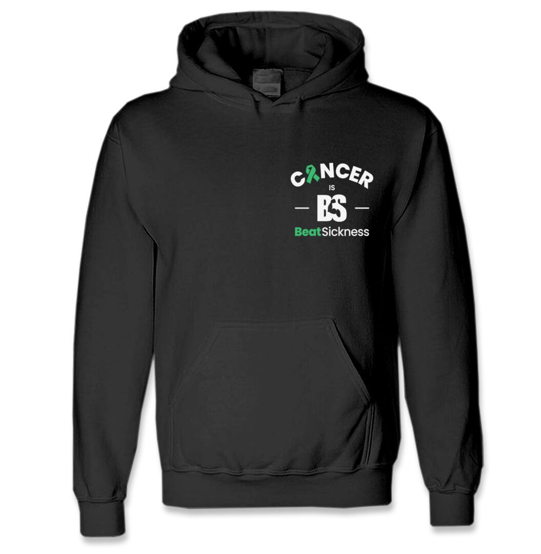 A black hooded sweatshirt with the word cancer and an es on it.