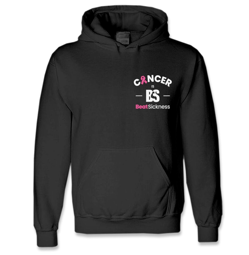 A black hooded sweatshirt with the words cancer is on it.