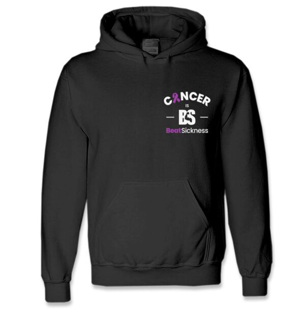 A black hooded sweatshirt with the word cancer and an awareness ribbon.