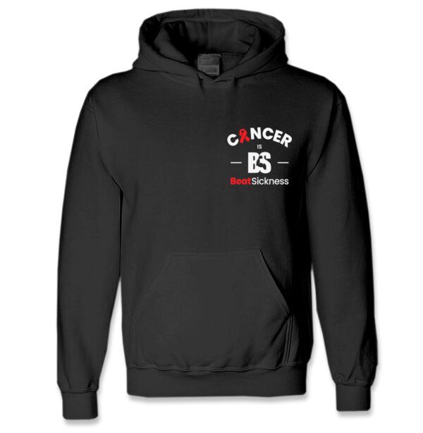 A black hooded sweatshirt with the words cancer is not dead.