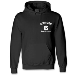 A black hoodie with cancer awareness printed on it.