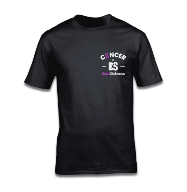 A black t-shirt with the words cancer awareness on it.