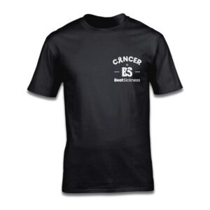 A black t-shirt with the words cancer is not uncommon on it.