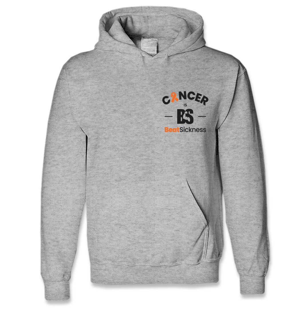 A gray hoodie with cancer is shown.