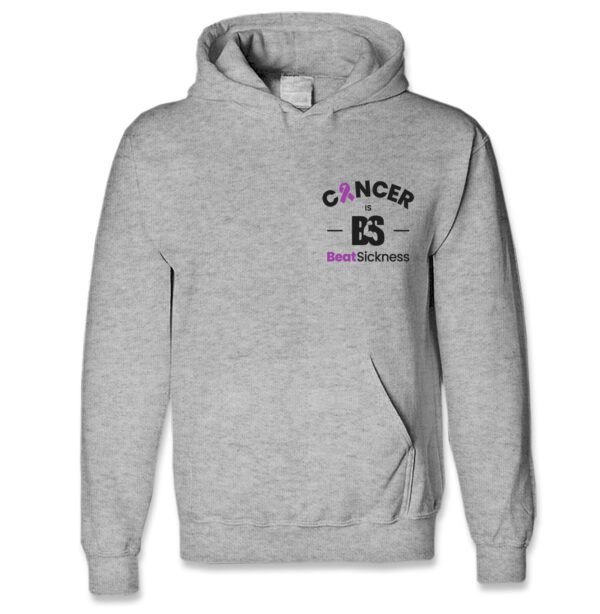 A gray hoodie with cancer awareness on it.