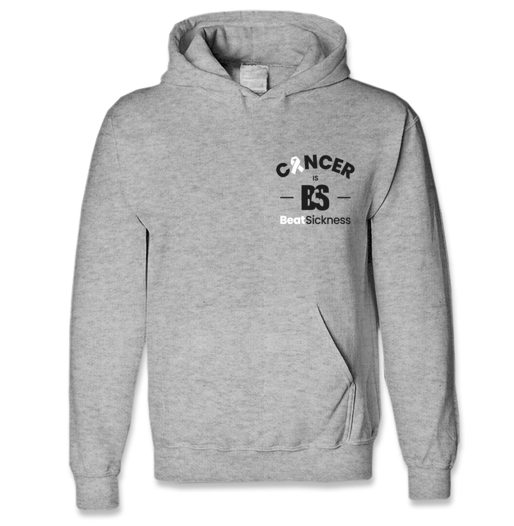 A gray hoodie with cancer awareness on the front.