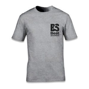 A gray t-shirt with the word " sawt " on it.