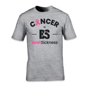 A gray t-shirt with the words " cancer is bs ".