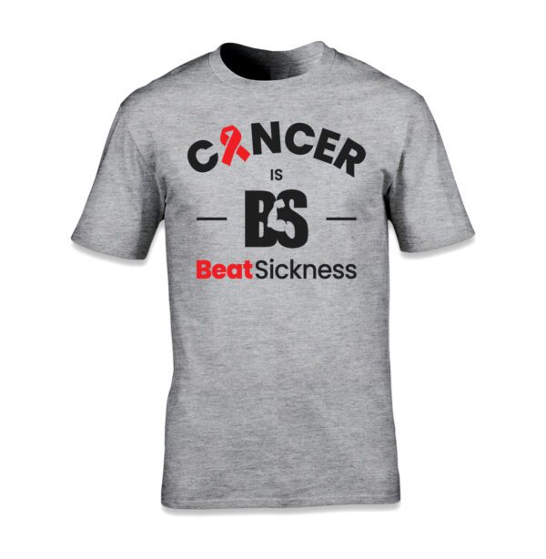 A gray t-shirt with the words " cancer is bs " and " beatsickness ".