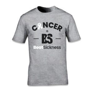 A gray t-shirt with the words " cancer is bs ".