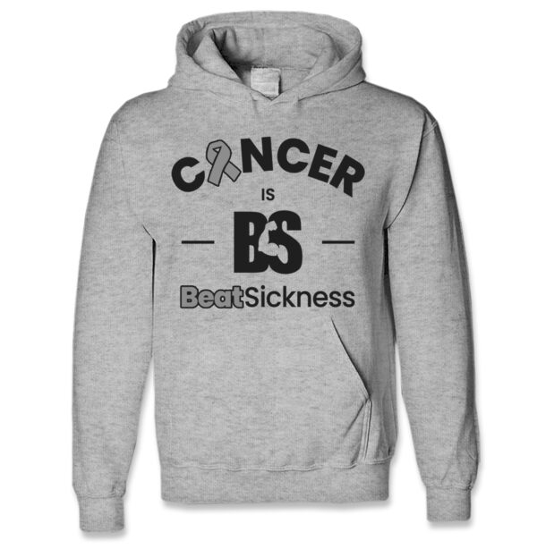 A gray hoodie with the words cancer is bs and a ribbon.