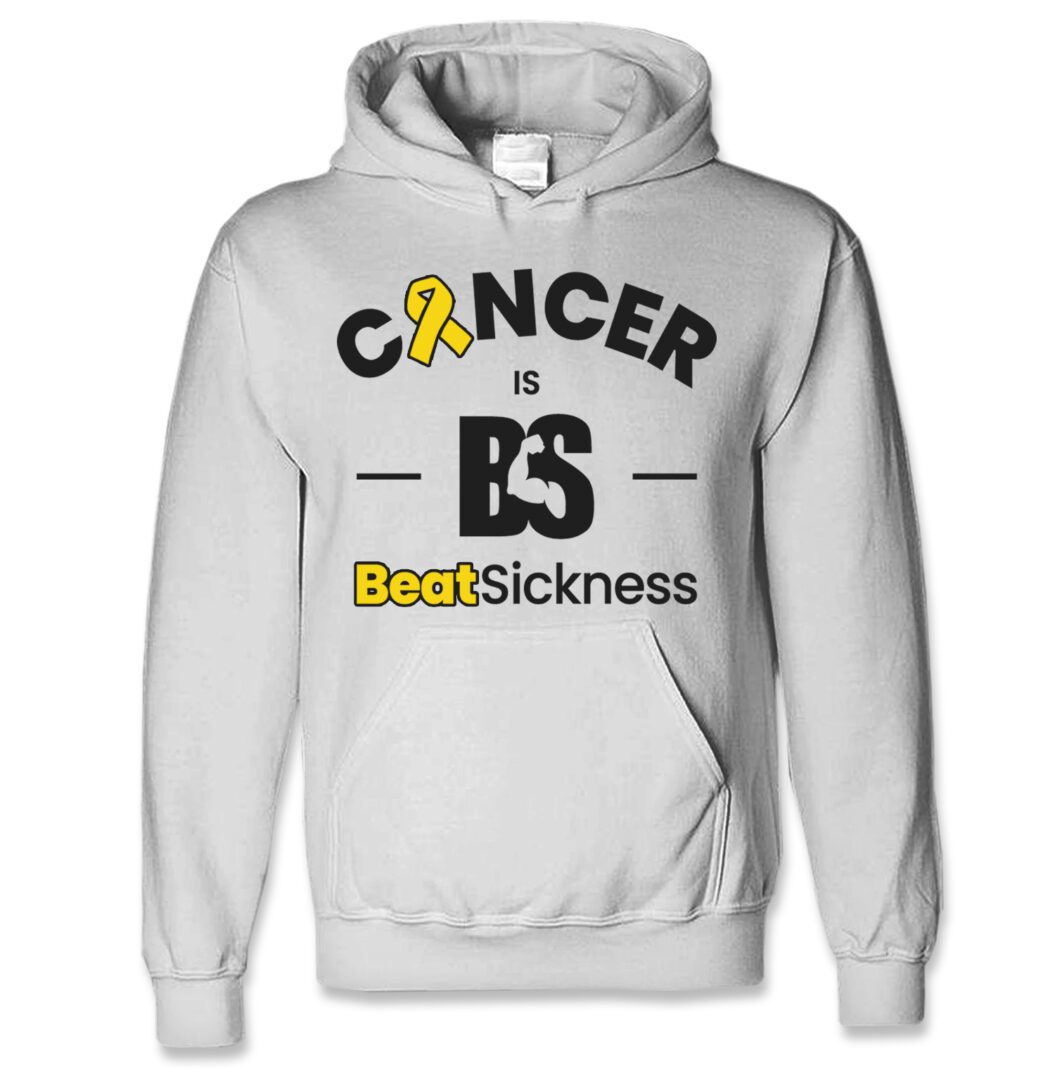 A white hoodie with the words " cancer is bs " and a yellow ribbon.