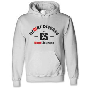 A white hoodie with the words heart disease and beat sickness written on it.