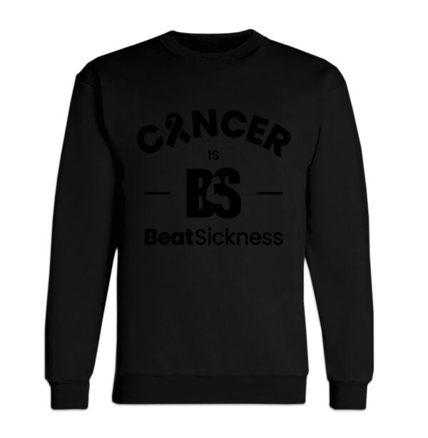 A black sweatshirt with the word cancer and a b s logo.