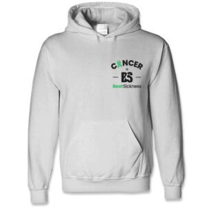 A white hooded sweatshirt with the word cancer and an es on it.