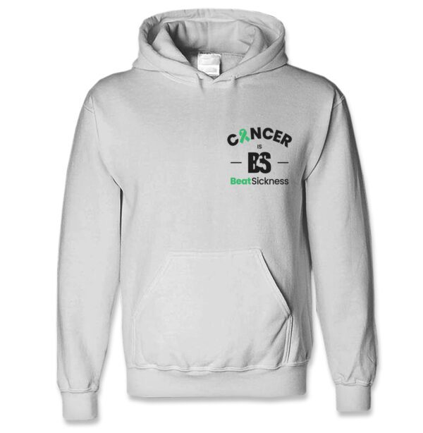 A white hooded sweatshirt with the word cancer and an es on it.