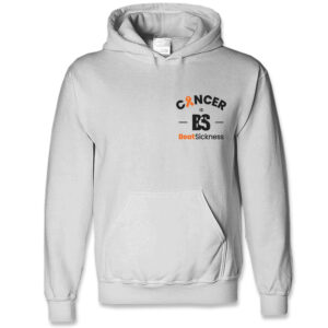 A white hoodie with the word cancer and an orange star.