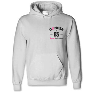 A white hoodie with cancer awareness on the front.