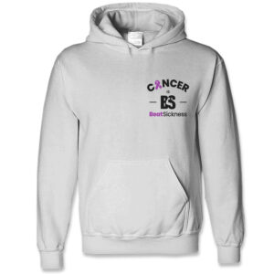 A white hoodie with cancer awareness on the front.
