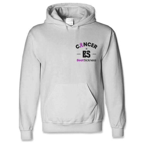 A white hoodie with cancer awareness on the front.