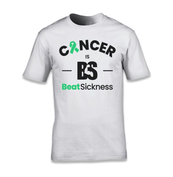 A white t-shirt with the words " cancer is bs " and " beatsickness ".