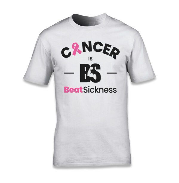 A white t-shirt with the words " cancer is bs " and breast cancer awareness ribbon.