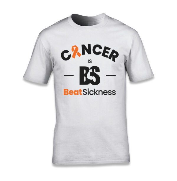 A white t-shirt with the words " cancer is bs " and " beatsickness ".