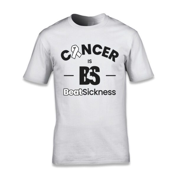 A white t-shirt with the words " cancer is bs ".